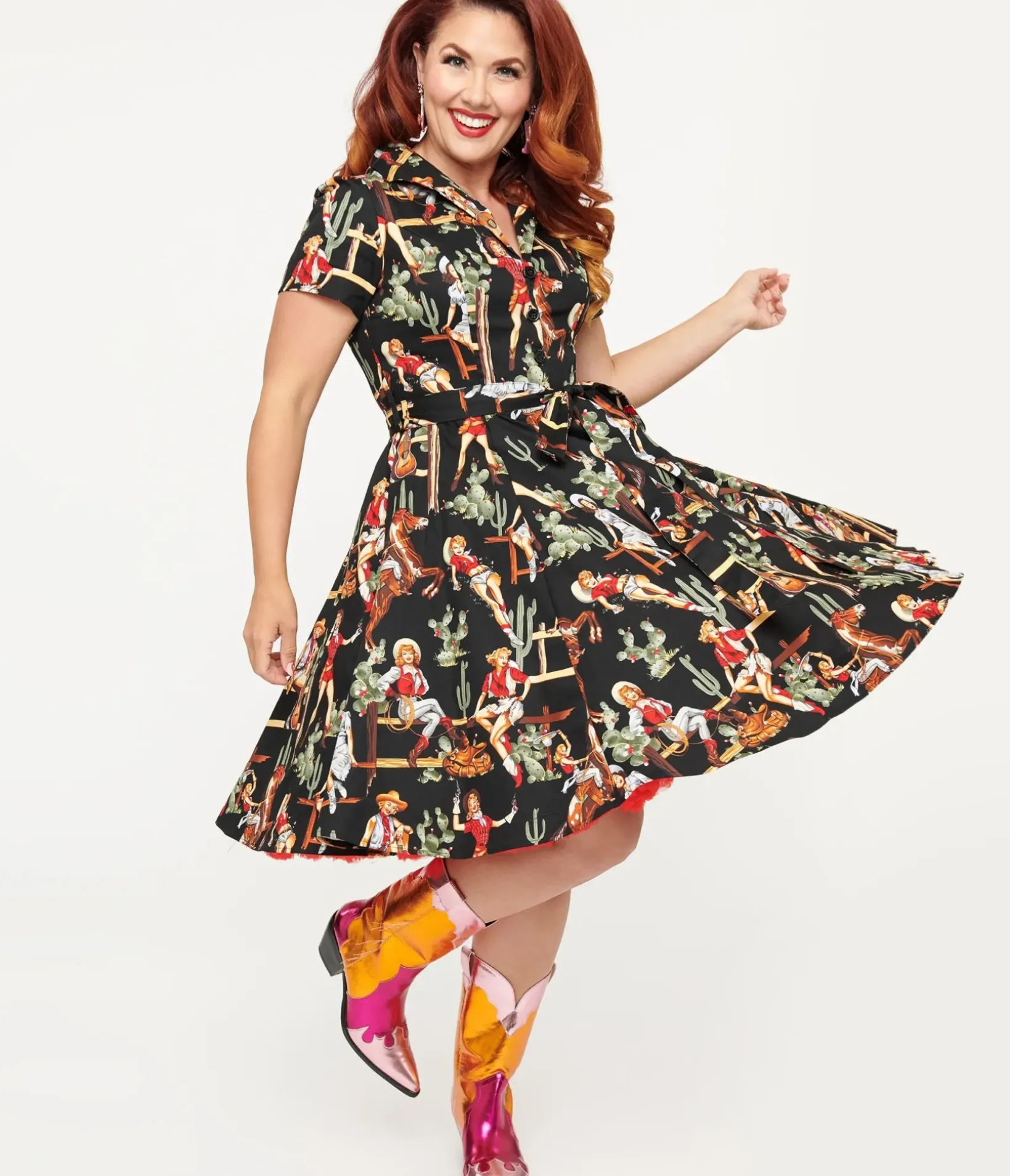 Unique Vintage Swing|Swing>Black & Cowgirl Print Swing Shirt Dress