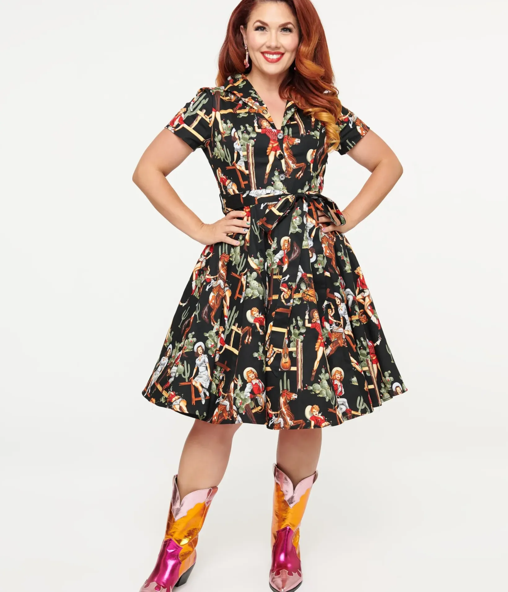 Unique Vintage Swing|Swing>Black & Cowgirl Print Swing Shirt Dress