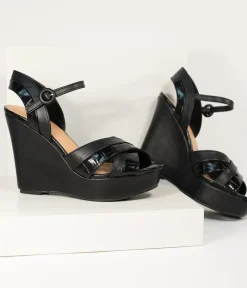 Unique Vintage Heels|Wedges>Black Crocodile Embossed Cross Wedge Sandals