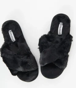Unique Vintage Slippers>Black Cross Strap Fuzzy Slippers