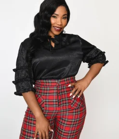 Unique Vintage Blouses|Blouses>Black Crushed Satin Ruffle Blouse