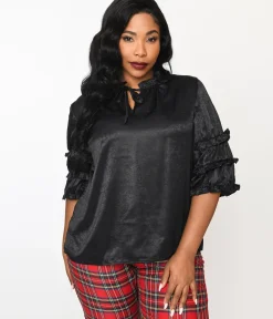 Unique Vintage Blouses|Blouses>Black Crushed Satin Ruffle Blouse