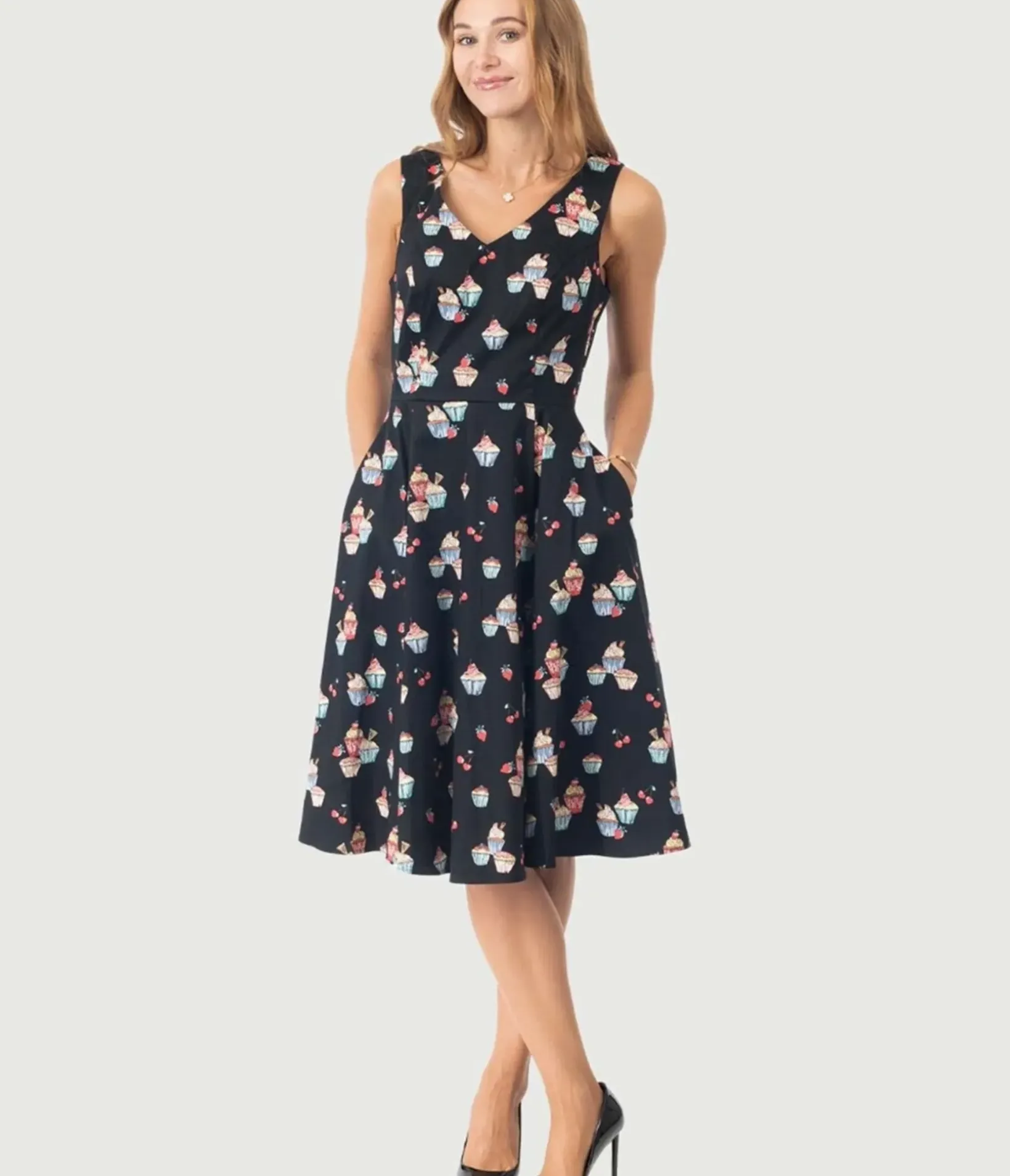 Unique Vintage Swing|Pocket Dresses>Black Cupcake Print Swing Dress