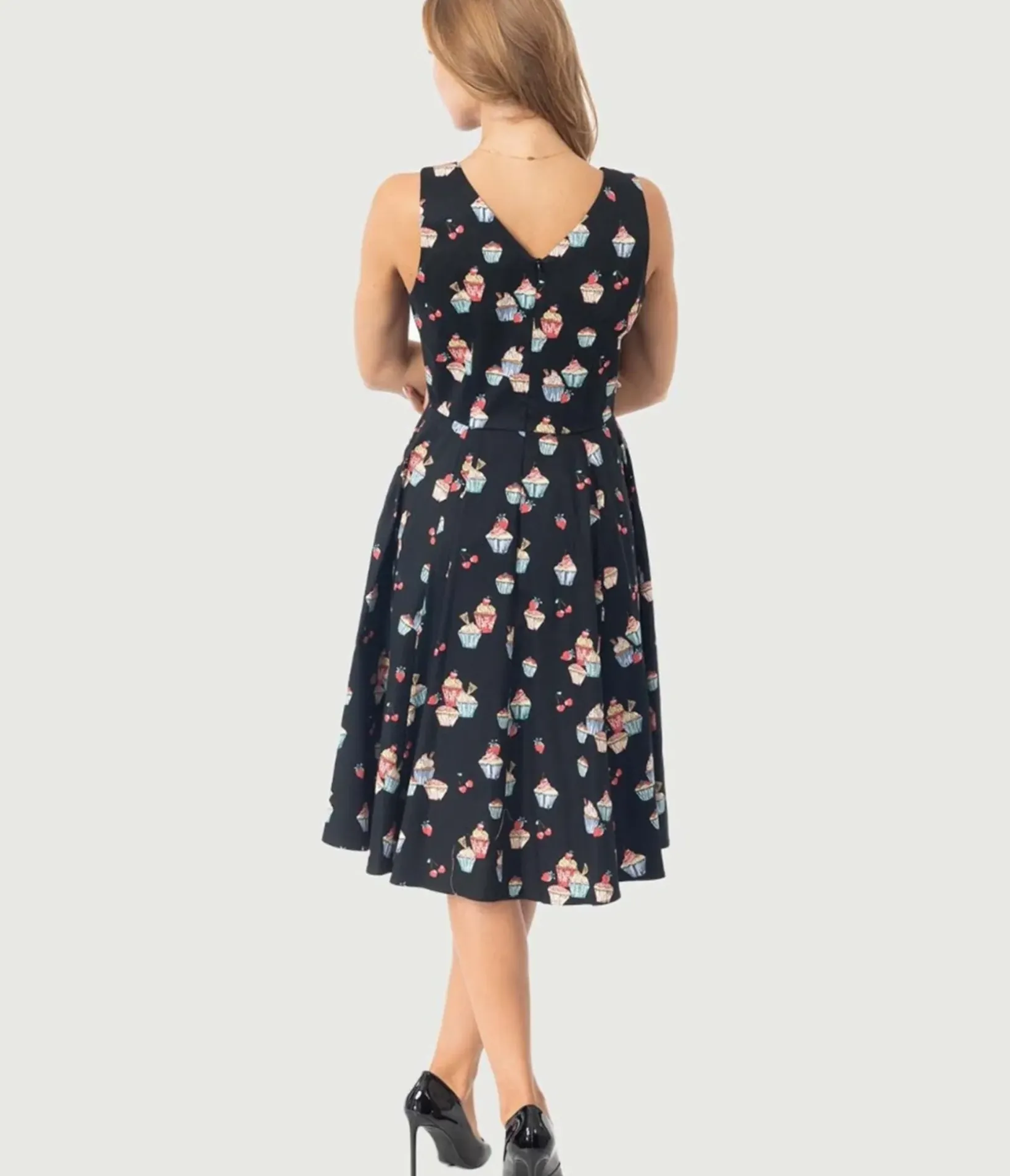 Unique Vintage Swing|Pocket Dresses>Black Cupcake Print Swing Dress