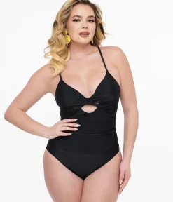 Unique Vintage One Piece Swim>Black Cutout One Piece Swimsuit