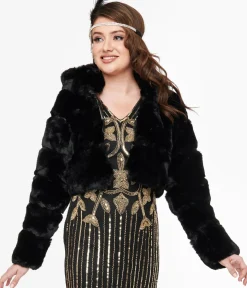 Unique Vintage Coats & Jackets>Black Faux Fur Puffer Crop Jacket