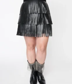 Unique Vintage Skirts|Skirts>Black Faux Leather Fringe Mini Skirt