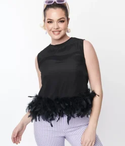 Unique Vintage Blouses>Black Feather Trim Top