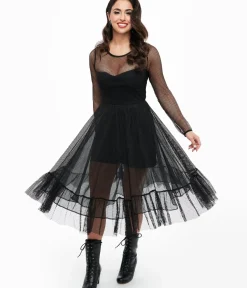 Unique Vintage Rompers & Jumpsuits|All Things Black>Black Fishnet Ruffle Dress & Built-in Romper