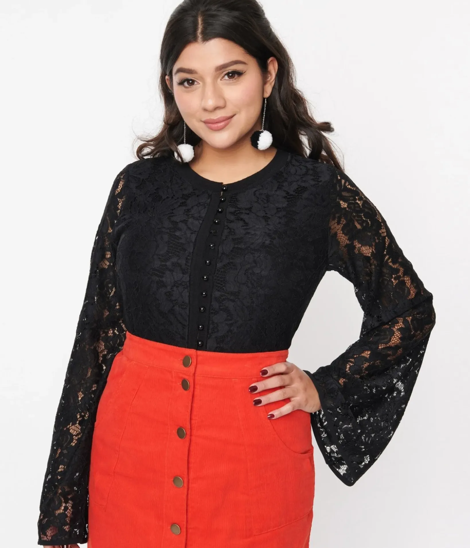 Unique Vintage Sweaters & Cardigans>Black Floral Lace Bell Sleeve Cardigan