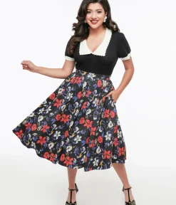 Unique Vintage Skirts|Skirts>Black Floral Print Milly Swing Skirt