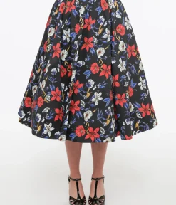 Unique Vintage Skirts|Skirts>Black Floral Print Milly Swing Skirt