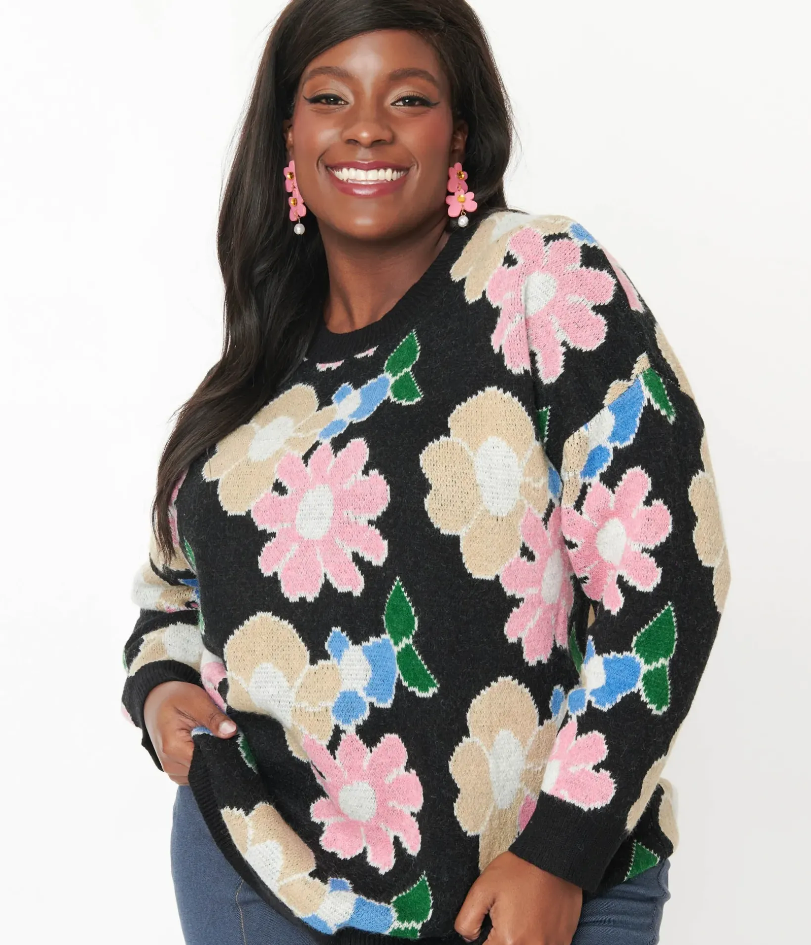 Unique Vintage Sweaters & Cardigans|Sweaters & Cardigans>Black Floral Pullover Sweater