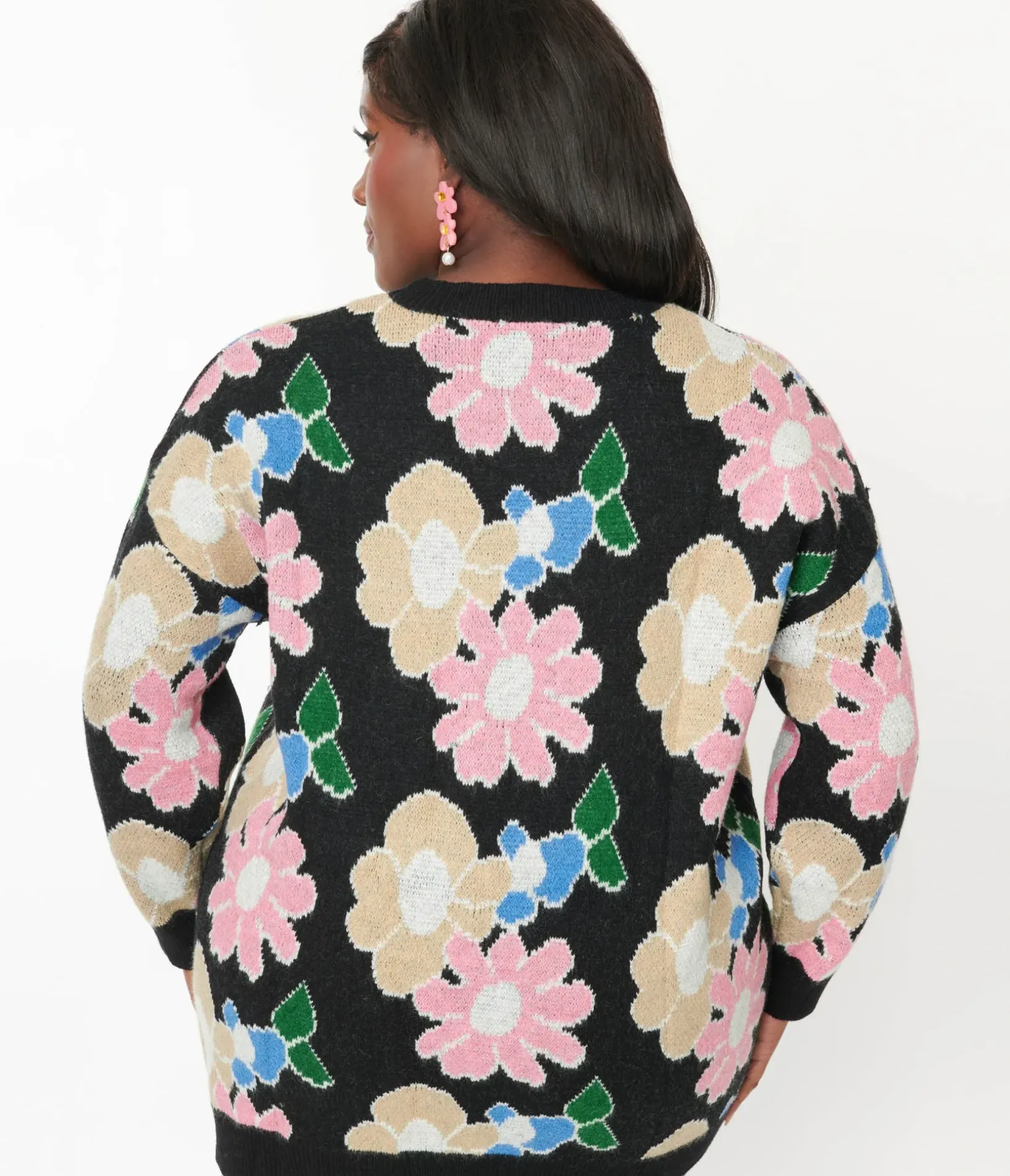 Unique Vintage Sweaters & Cardigans|Sweaters & Cardigans>Black Floral Pullover Sweater