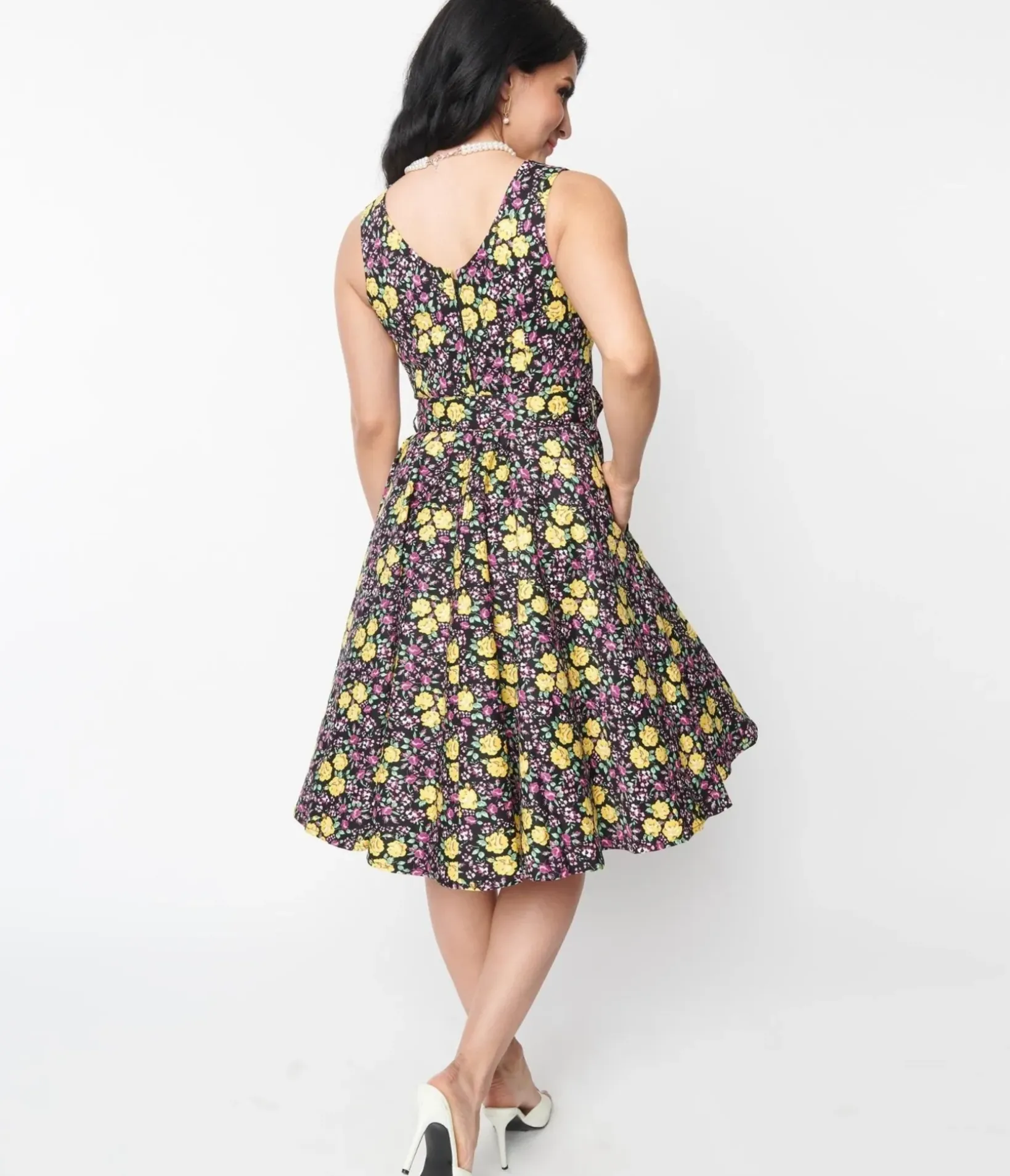 Unique Vintage Swing|Pocket Dresses>Black Floral Ria Swing Dress