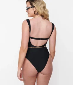 Unique Vintage One Piece Swim|Bachelorette>Black & Gold Chain Resort One Piece Swimsuit