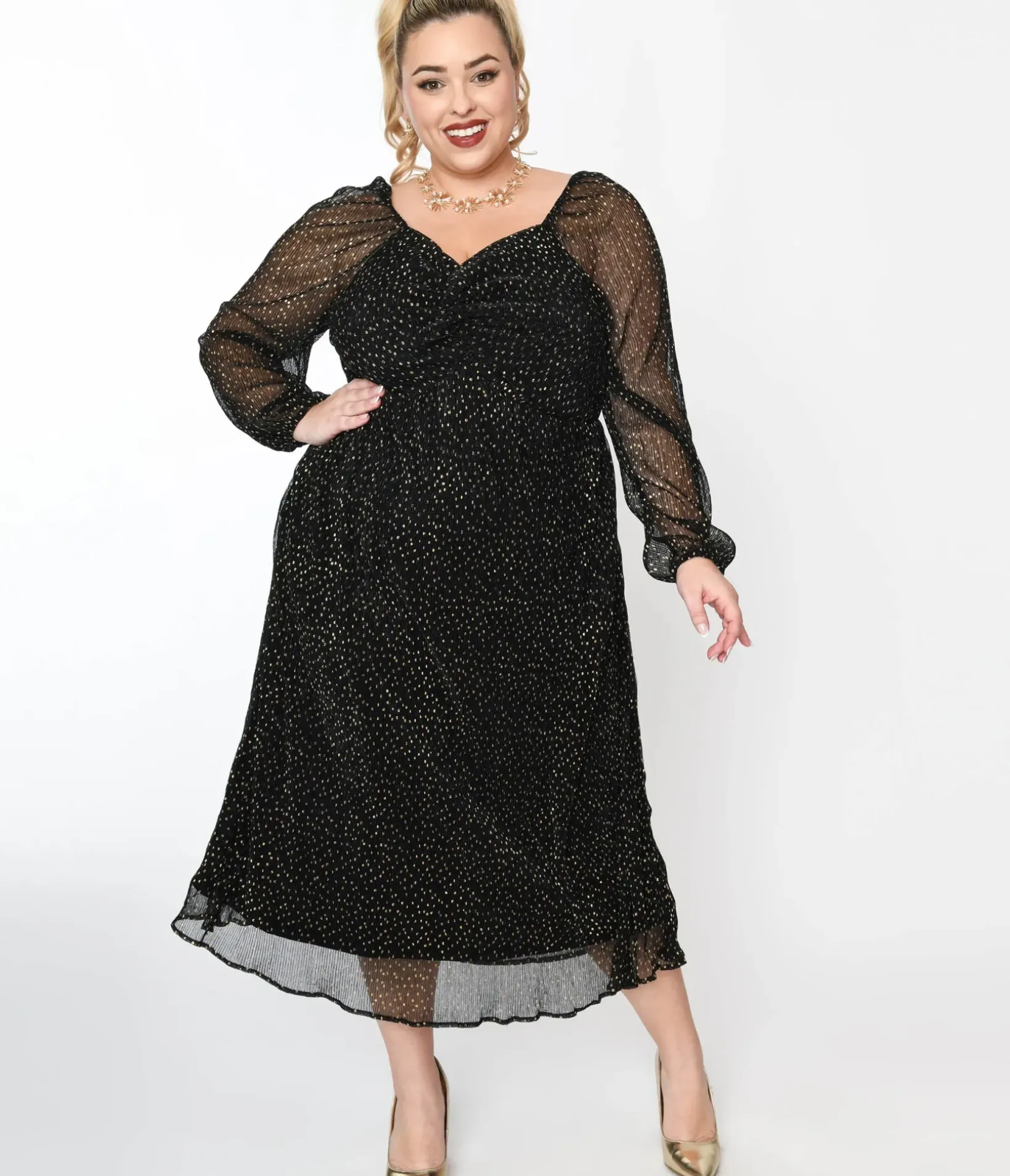Unique Vintage Maxi|Midi & Maxi>Black & Gold Foil Pin Dot Pleated Midi Dress