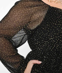 Unique Vintage Maxi|Midi & Maxi>Black & Gold Foil Pin Dot Pleated Midi Dress