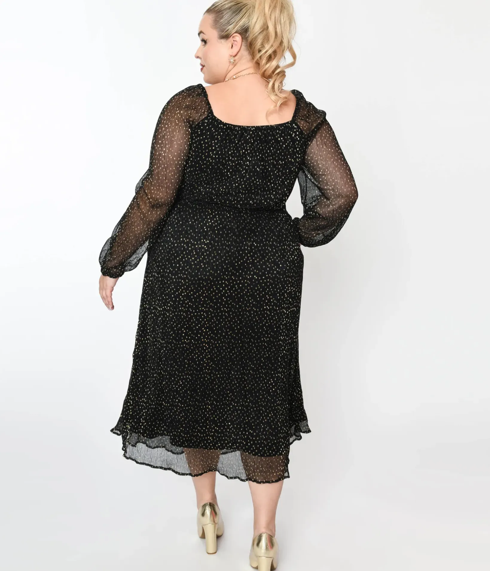 Unique Vintage Maxi|Midi & Maxi>Black & Gold Foil Pin Dot Pleated Midi Dress