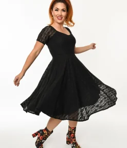 Unique Vintage Swing|Pocket Dresses>Black Lace Penny Swing Dress
