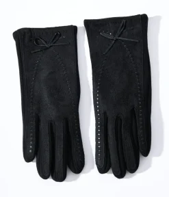 Unique Vintage Gloves & Scarves>Black Leather Bow Lined Texting Gloves