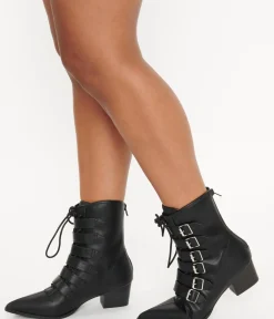 Unique Vintage All Things Black|Halloween>Black Leatherette Buckle Coven Boots