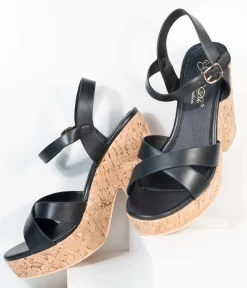 Unique Vintage Heels|Sandals>Black Leatherette & Cork Stacked Platform Heels