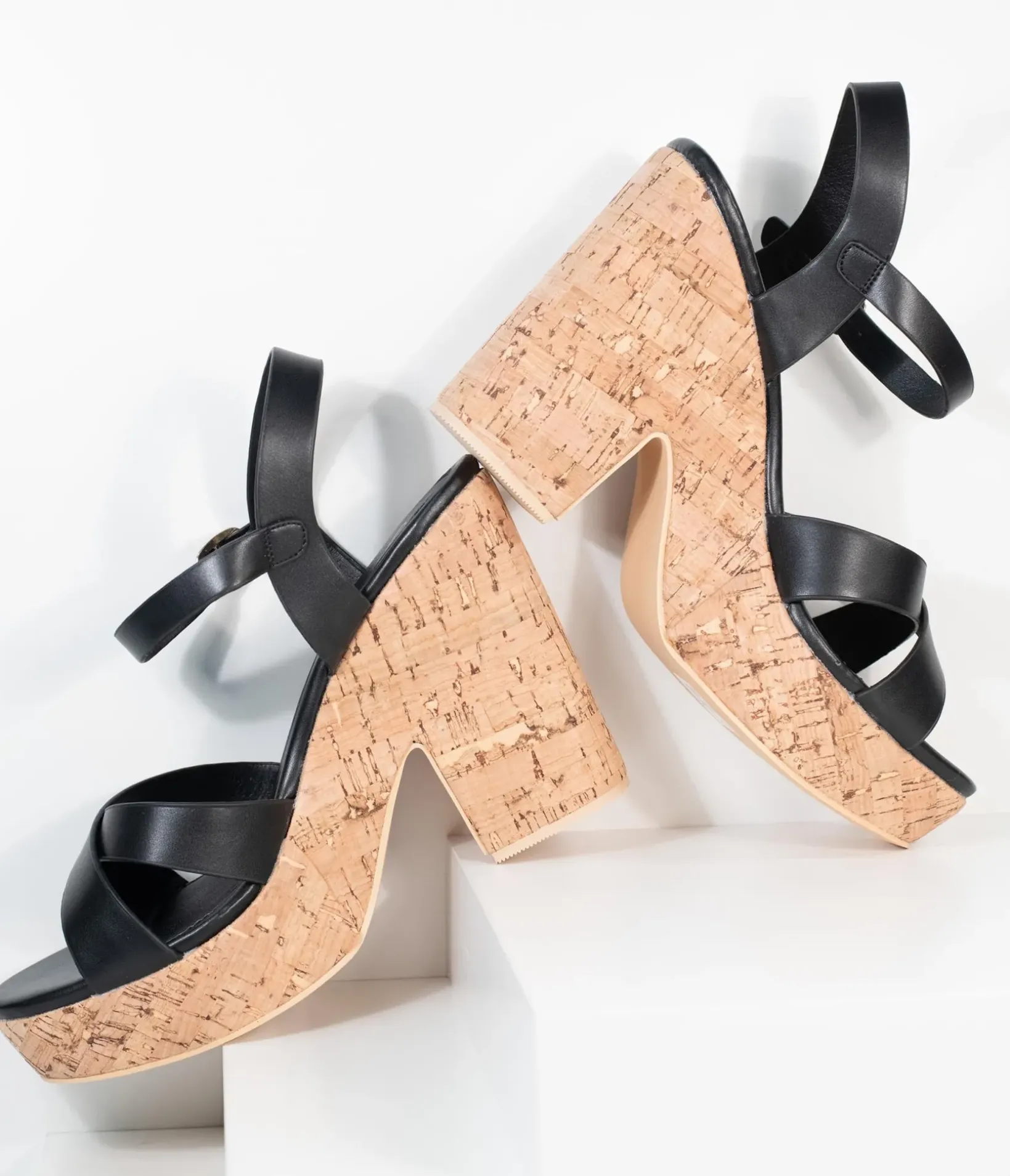 Unique Vintage Heels|Sandals>Black Leatherette & Cork Stacked Platform Heels