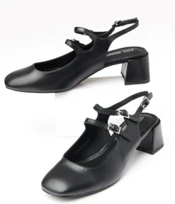 Unique Vintage Heels>Black Leatherette Double Strap Mary Jane Slingback Heels