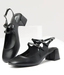 Unique Vintage Heels>Black Leatherette Double Strap Mary Jane Slingback Heels