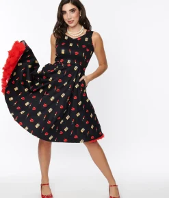Unique Vintage Swing|Pocket Dresses>Black Makeup Print Swing Dress