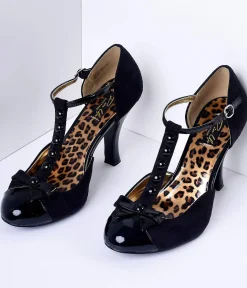 Unique Vintage Special Occasion|Heels>Black Microsuede Button Up T-Strap Heels