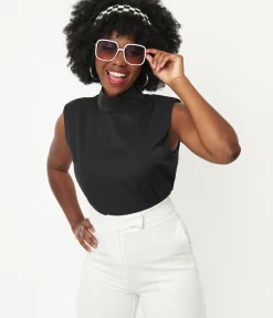 Unique Vintage Blouses>Black Mock Turtleneck Sleeveless Blouse