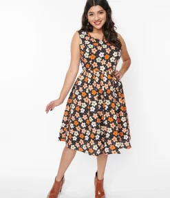 Unique Vintage Swing|Everyday Dresses>Black Multicolor Ditsy Floral Swing Dress