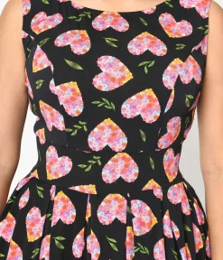 Unique Vintage Swing|Pocket Dresses>Black & Multicolor Floral Hearts Swing Dress