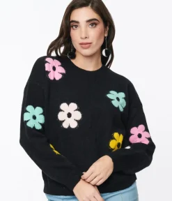Unique Vintage Sweaters & Cardigans|Sweaters & Cardigans>Black & Multicolor Floral Knit Sweater