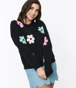 Unique Vintage Sweaters & Cardigans|Sweaters & Cardigans>Black & Multicolor Floral Knit Sweater