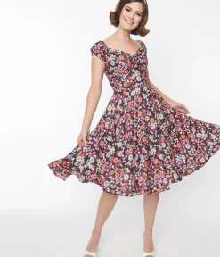 Unique Vintage Swing|Pocket Dresses>Black Multicolor Floral Sophia Swing Dress