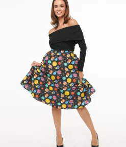 Unique Vintage Skirts>Black & Multicolor Planets Cotton Skirt