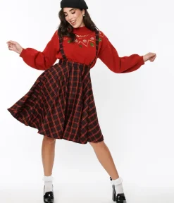 Unique Vintage Skirts|Skirts>Black & Orange Windowpane Suspender Swing Skirt