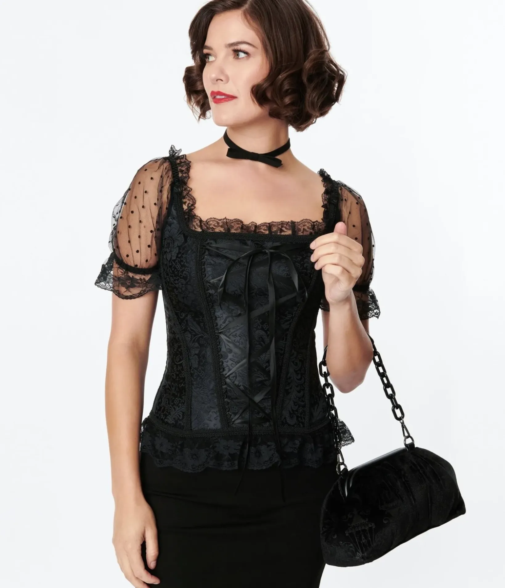 Unique Vintage Blouses|Blouses>Black Paisley Embossed Renaissance Corset Top