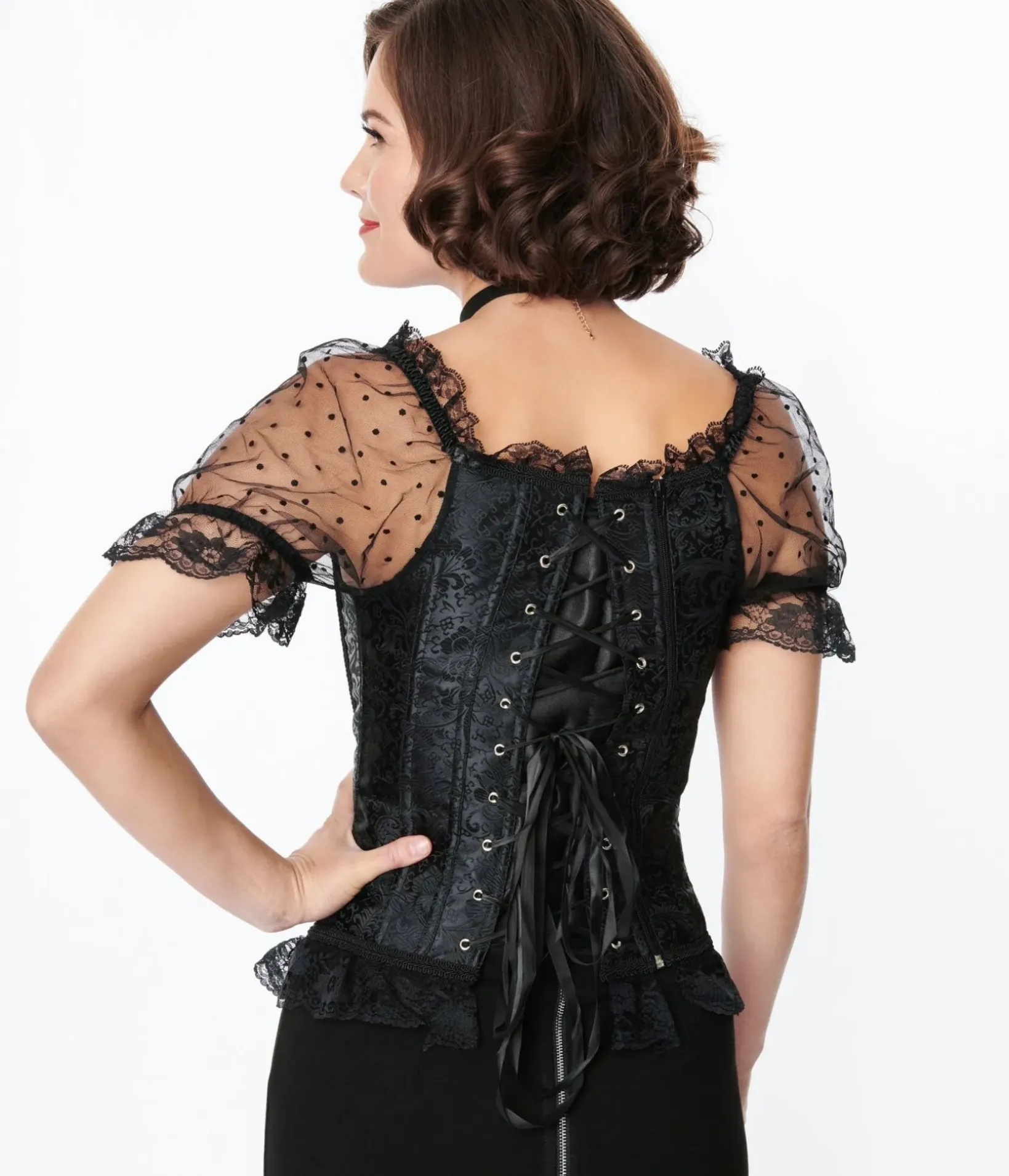 Unique Vintage Blouses|Blouses>Black Paisley Embossed Renaissance Corset Top