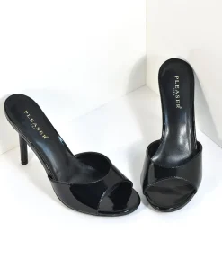 Unique Vintage Special Occasion|Heels>Black Patent Leatherette Peep Toe Slip On Heels