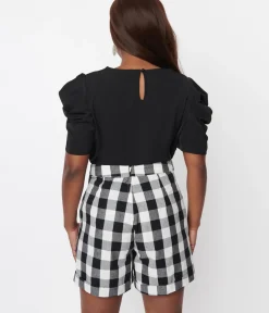 Unique Vintage Blouses>Black Peek A Boo Puff Sleeve Blouse