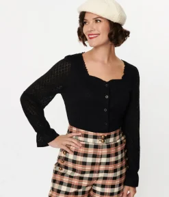 Unique Vintage Sweaters & Cardigans|Work Wear>Black Perforated Diamond Knit Cardigan