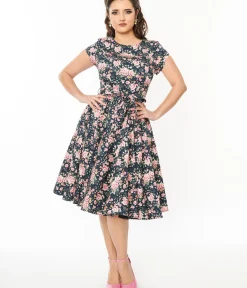 Unique Vintage Swing|Fit & Flare>Black & Pink Floral Cleo Swing Dress