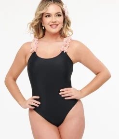 Unique Vintage One Piece Swim|All Things Pink>Black & Pink Flower One Piece Swimsuit