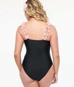 Unique Vintage One Piece Swim|All Things Pink>Black & Pink Flower One Piece Swimsuit