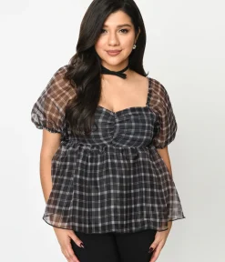 Unique Vintage Blouses>Black Plaid Babydoll Blouse