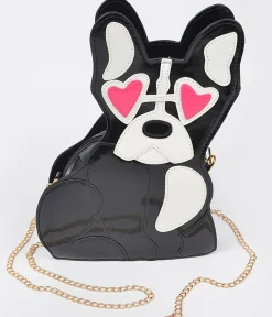 Unique Vintage Novelty Bags>Black Puppy Leatherette Crossbody Bag